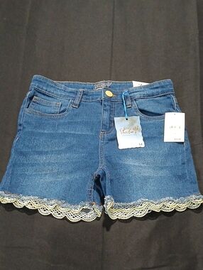 Studio V Blue Denim Shorts with Scalloped Lace Hem